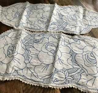 Vintage Antique Doily Set Blue Red Work Crochet Lace Embroidery Crepe Fabric