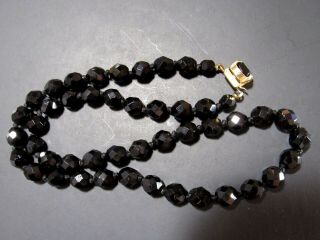 Vintage Estate Faceted Jet Black Glass Bead Knotted Antique Necklace - 7.  5mm - Euc