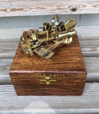 4 " Antique Brass Pocket Sextant Navigation Nautical Marine Vintage Wooden Box