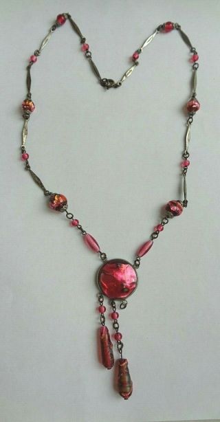 Antique Art Deco Era Pink Red Italian Art Glass Silver Lavalier Necklace