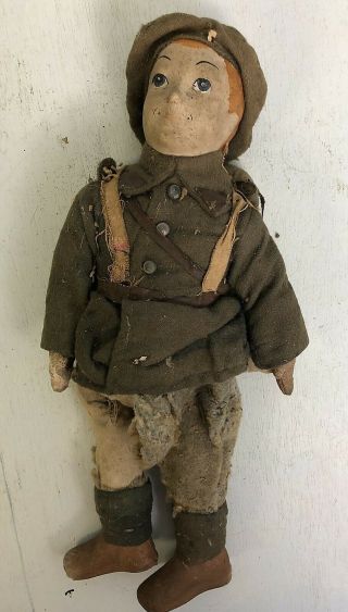 Antique French Paper Mache Boy Soldier Doll Wwi Dressed In Uniform