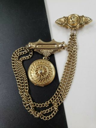 Antique Vintage Gold Tone Double Brooch Locket Pin