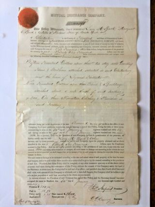 1866 Hartford County Mutual Fire Insurance Policy With Seal And Revenue Stamps