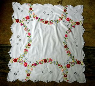 Vintage Hungarian Kalocsa Hand Embroidered Richelieu Tablecloth 80x85cm