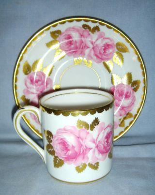 Stunning Quality Antique Coffee Can & Saucer Large Pink Roses & Fine Gold Gilt