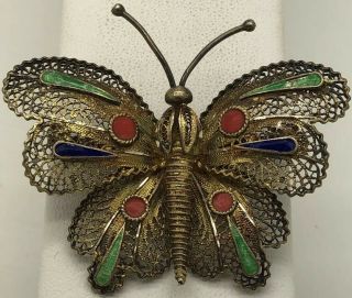 Antique Chinese Export Enameled Butterfly Pin Brooch 2” - 1.  75” 10 Grams Vintage