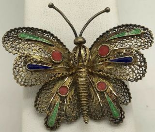 Antique Chinese Export Enameled Butterfly Pin Brooch 2” - 1.  75” 10 Grams Vintage 2
