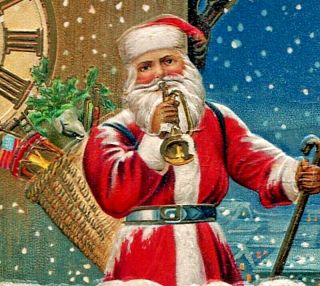 Antique Christmas Postcard Santa Claus On Clocktower In Snow W/ Bugle Germany