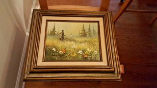 Vtg Artist Signed Framed Oil On Canvas Girl In Wildflower Field Dunlop ?