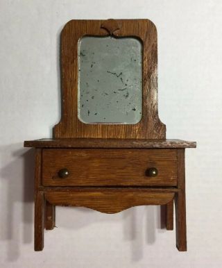Antique Wood Doll House Dresser With Mirror