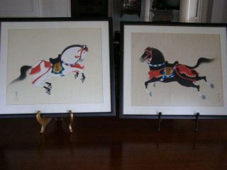 Oriental Japanese Samurai Horses Paint On Silk Framed & Signed