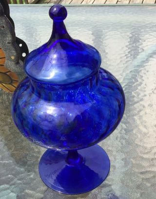 Vintage Cobalt Blue Pedestal Base Candy Dish With Lid