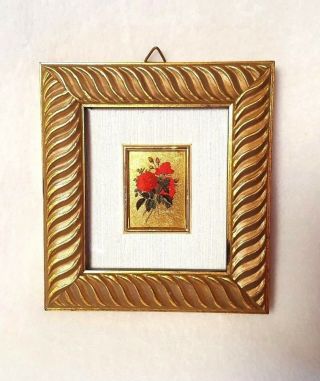 Vintage Foglia 23kt Gold Leaf Chromolithograph Red Rose Mini Framed Italy 4.  5 "