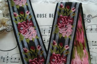 1y Vtg French 1 7/8 Ombre Pink Green Black Gray Stripe Jacquard Rose Ribbon Trim