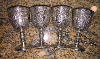 SET 4 VTG Raimond Silverplate Ornately Engraved Cordial Goblets 3.  5 