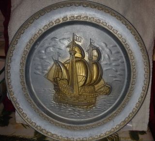 Matching Set Of 2 Antique Pewter Plates With Gold Embossed Ship 12x1 "