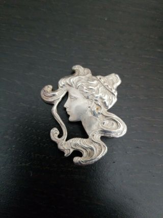 Antique,  Vintage Sterling Silver 925 Art Nouveau Pin Pendant,  Girl Hair Flowing