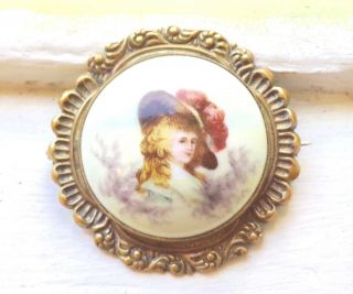 Antique Rococo Revival French Enamel Brass Portrait Brooch - Ships Within 3 Days