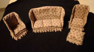 Vintage Miniature Dollhouse Furniture Living Room Couch And Chair Set Wood Cloth