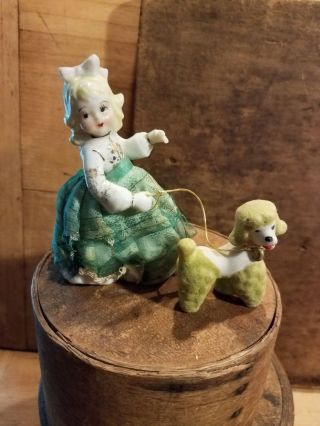 Antique Vintage Porcelain China Girl With Dress And Chain Poodle - Empress Label