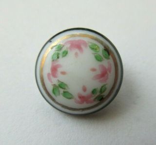 Lovely Antique Vtg Victorian White Glass Button W/ Enamel Pink Roses 1/2 " (e)