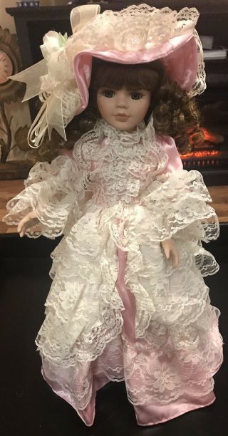 Vintage Victorian 17” Porcelain Doll In Pink