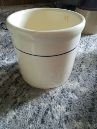 Vintage Stoneware Crock White With Blue Strip 8 Inches Tall