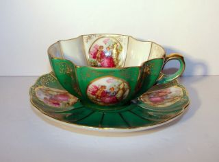 Vintage Lefton China Cup & Saucer Hand - Painted Green Gold Trim