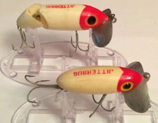 2 Vintage Fred Arbogast Jitterbugs 1 Jointed White Red Head Fishing Lures