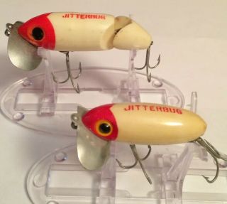 2 VINTAGE FRED ARBOGAST JITTERBUGS 1 JOINTED White Red Head FISHING LURES 2