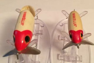 2 VINTAGE FRED ARBOGAST JITTERBUGS 1 JOINTED White Red Head FISHING LURES 3