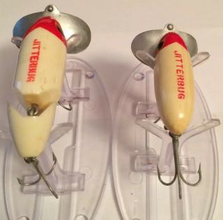 2 VINTAGE FRED ARBOGAST JITTERBUGS 1 JOINTED White Red Head FISHING LURES 4