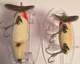 2 VINTAGE FRED ARBOGAST JITTERBUGS 1 JOINTED White Red Head FISHING LURES 5