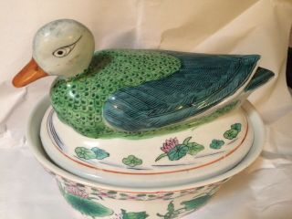Antique Chinese Ceramic Casserole Dish W/ Duck On Lid Hand Painted