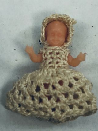 Vtg Teeny Tiny Artisan Dollhouse Miniature Baby Doll 15/16 " Crocheted Dress