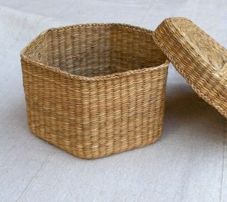 Antique Sweet Grass Basket W/lid Hexagon Shape Braided Handle On Lid