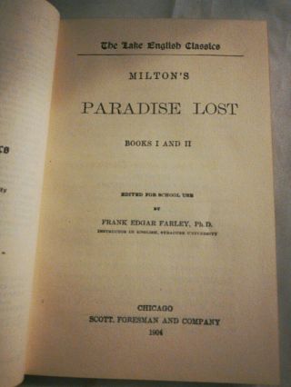 Antique 1904 MILTON ' S PARADISE LOST BOOKS I & II Lake English Classics HC Book 5