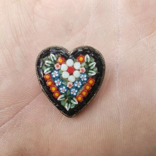 Fine Antique Micro Mosaic Pin Charming Heart Shape Italy Very Detailed Floral