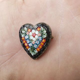 Fine Antique Micro Mosaic Pin Charming Heart Shape Italy very Detailed Floral 2