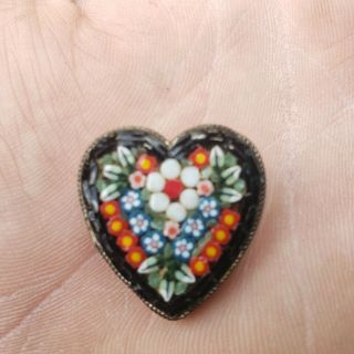 Fine Antique Micro Mosaic Pin Charming Heart Shape Italy very Detailed Floral 3