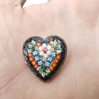 Fine Antique Micro Mosaic Pin Charming Heart Shape Italy very Detailed Floral 4