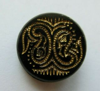 Lovely Antique Vtg Victorian Black Glass Button Incised Gold Paisley Design (j)