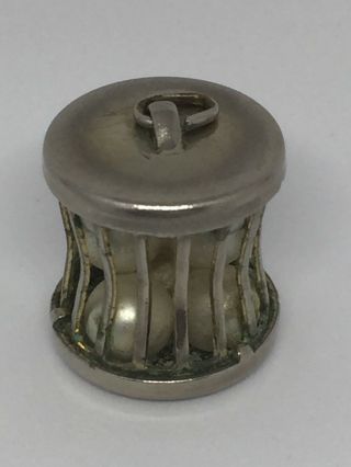 Unique Vintage Antique SILVER CHARM PENDANT Of Little Pearls In A Pot Cage 2