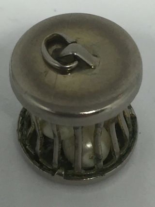 Unique Vintage Antique SILVER CHARM PENDANT Of Little Pearls In A Pot Cage 4