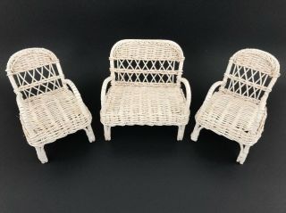 Vtg 3 Piece White Woven Wicker Doll Furniture Two Chairs One Loveseat