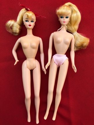 Two Contemporary Barbies With Vintage Face Sculpts,  Blonde Pontytails,  Nude