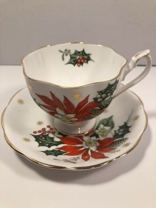 Queen Anne Cup And Saucer Christmas Noel Footed Gold Trim Bone China England