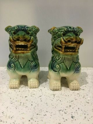 Vintage Chinese Blue Glazed Fu Foo Dog Lion Figurines Boho Eclectic
