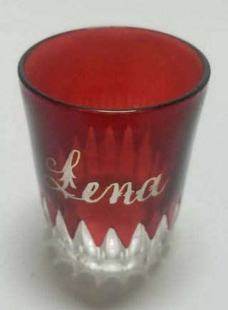 Antique Souvenir Ruby Red Flash Shot Glass Etched