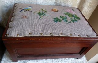 Large Vintage Wooden Sewing? Box With Hinged Lid & Cross Stitched Padded Seat